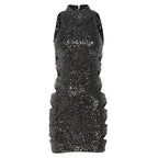 Glitter hollow out high neck button sleeveless mini dress