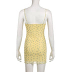 Ruched mesh ruffle self tie flower print cami mini dress