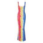 Contrast print ruffle backless maxi dress