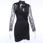 Hem lace low-cut high neck ruched midi dress