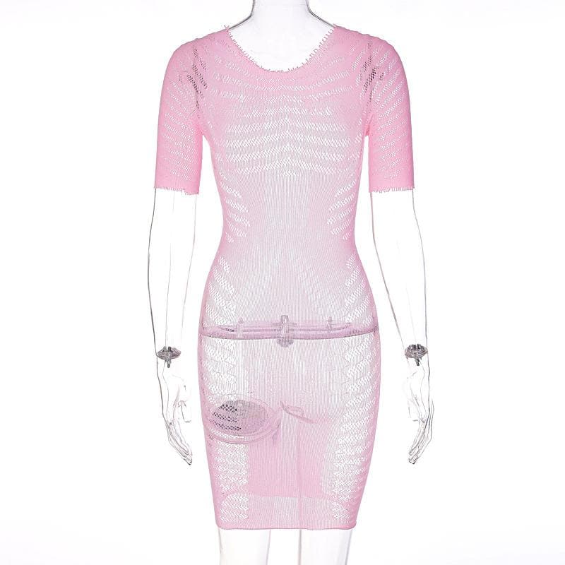 Fishnet hollow out lace up short sleeve solid mini dress