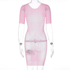 Fishnet hollow out lace up short sleeve solid mini dress
