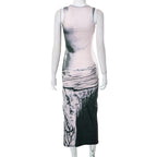 Contrast print sleeveless crewneck slit midi dress