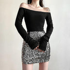 Glitter patchwork off shoulder gloves mini dress
