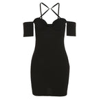 Cross front hollow out short sleeve zip-up dress