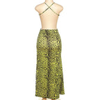 Cross back backless leopard print slit contrast maxi dress
