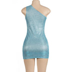 Textured one shoulder irregular sleeveless mini dress
