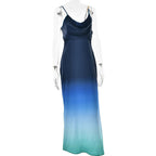 Cowl neck gradient backless ruched cami maxi dress