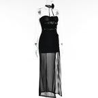 Flower applique sheer mesh hollow out solid backless zip-up slit tube midi dress