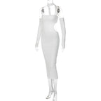 Gloves halter solid button hollow out backless midi dress