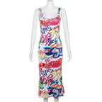 Contrast print square neck sleeveless slit backless midi dress