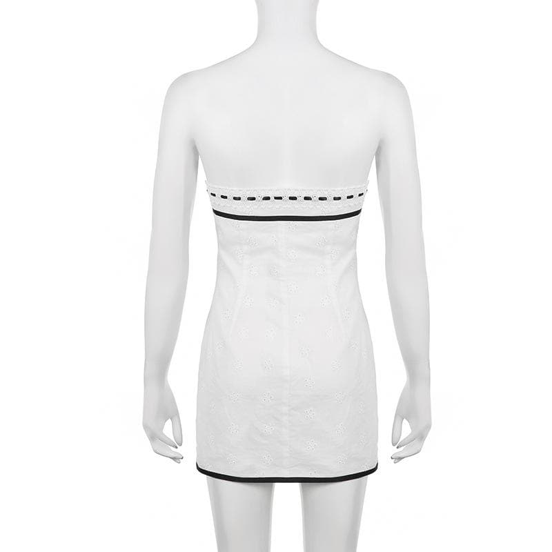 Textured contrast stitch self tie button backless tube mini dress