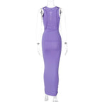 Crewneck sleeveless hollow out solid ruched maxi dress