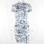 Ripple print contrast high neck short sleeve mini dress