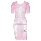 Fishnet hollow out lace up short sleeve solid mini dress