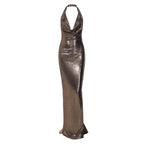 Metallic cowl neck ruched halter backless maxi dress