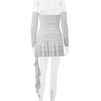 Long sleeve off shoulder ruched bowknot backless ruffle mini dress