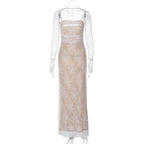 Long sleeve lace zip-up ruched shrug cami maxi dress