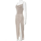 Cowl neck slit backless solid irregular cami midi dress