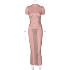 Crewneck body pattern short sleeve striped contrast midi dress