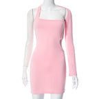 Hollow out solid irregular one shoulder backless mini dress