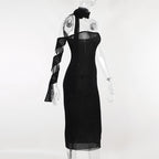 Flower applique solid lace up ribbon tube midi dress