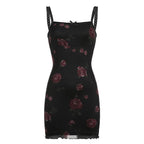 Square neck mesh ruffle flower print contrast mini dress