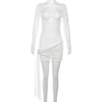 Textured see through o ring irregular long sleeve ruched mini dress