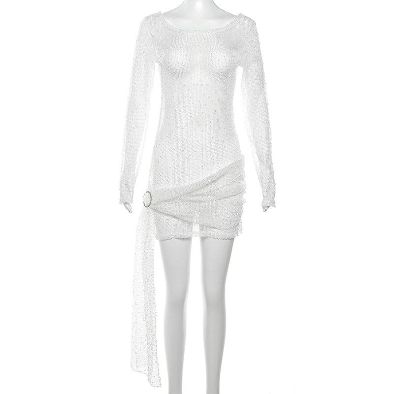 Textured see through o ring irregular long sleeve ruched mini dress