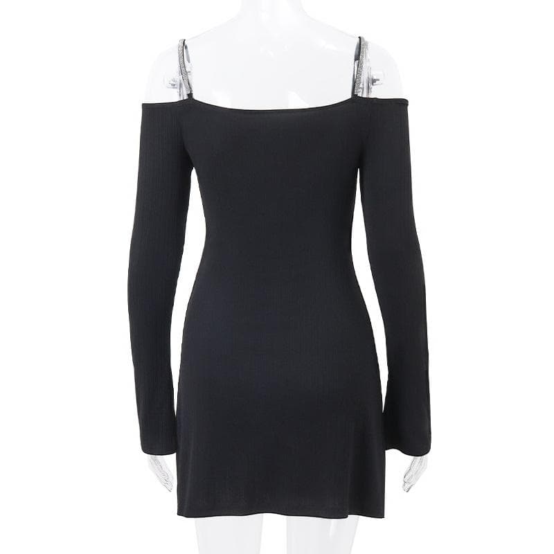 Long sleeve off shoulder textured hollow out cami mini dress - Final Sale