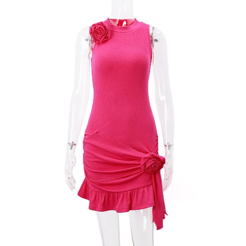 Flower applique solid sleeveless ribbed ruffle irregular mini dress