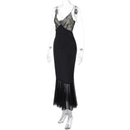 Lace patchwork contrast ruched v neck backless midi dress