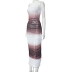 Gradient sheer mesh see through ruched tube maxi dress