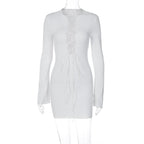 Lace up solid long sleeve ribbed self tie mini dress
