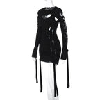 Hollow out solid long sleeve shrug ribbon u neck 2 piece dress