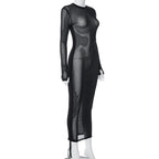 Crewneck long sleeve drawstring sheer mesh see through 2-way midi dress