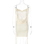 Cowl neck self tie backless ribbon solid mini dress