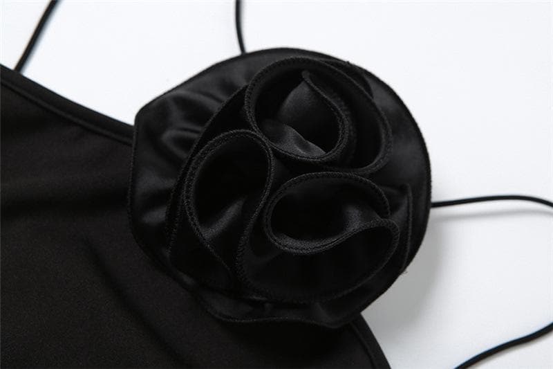 Flower applique solid sleeveless backless mini dress