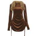 Feather long sleeve velvet ruched drawstring solid mini dress