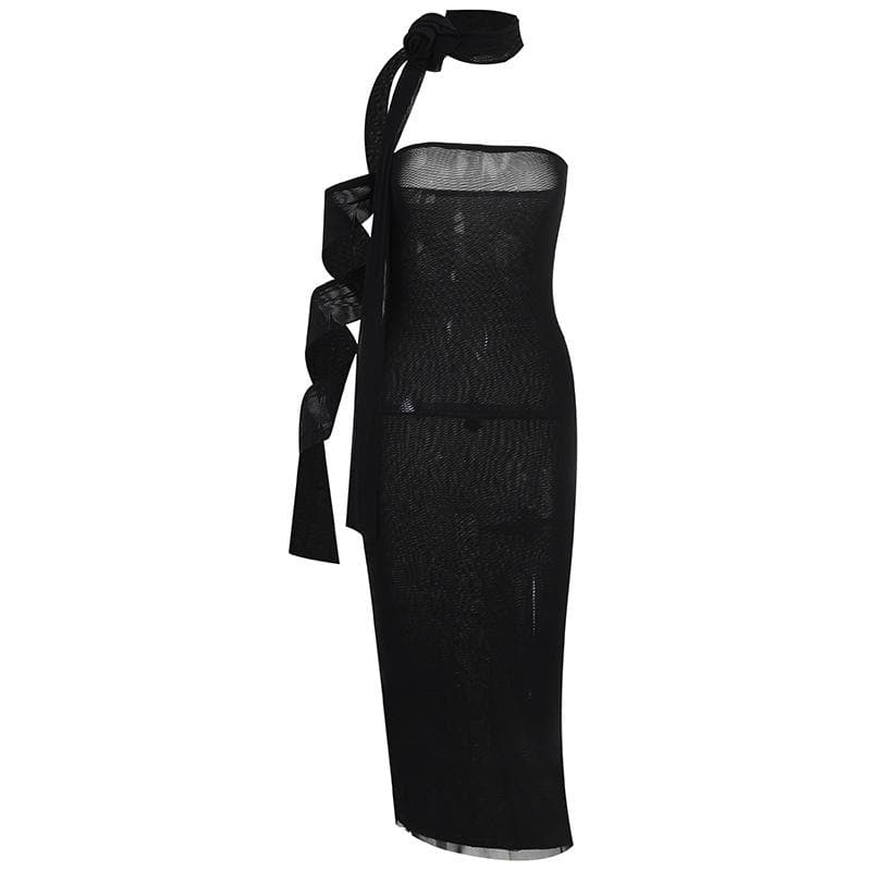 Flower applique solid lace up ribbon tube midi dress