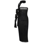 Flower applique solid lace up ribbon tube midi dress