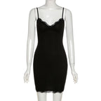 Lace hem solid v neck backless cami mini dress