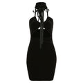 Halter velvet solid drawstring hollow out backless mini dress