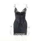 Lace hem solid v neck lace up corset sleeveless mini dress