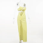 Hollow out slit ruched drawstring backless irregular maxi dress - Final Sale
