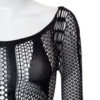Fishnet long sleeve hollow out see through mini dress