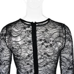 Lace see through long sleeve zip-up self tie ruched mini dress