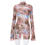 Flower print long sleeve slit sheer mesh see through high neck mini dress