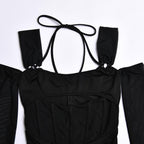 Gloves mesh corset off shoulder hollow out long sleeve halter mini dress