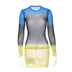 Contrast sheer mesh see through long sleeve crewneck mini dress